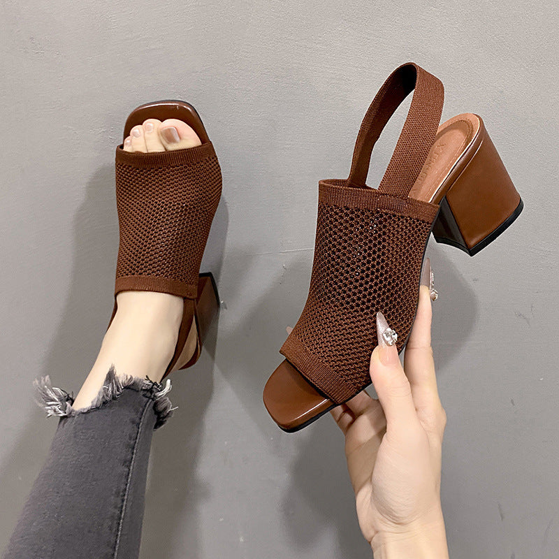 Sandales femme à talon épais, tissage léger, style européen & américain