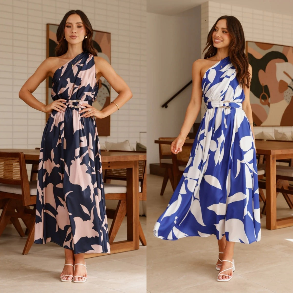 Robe Longue Imprimée à Épaules