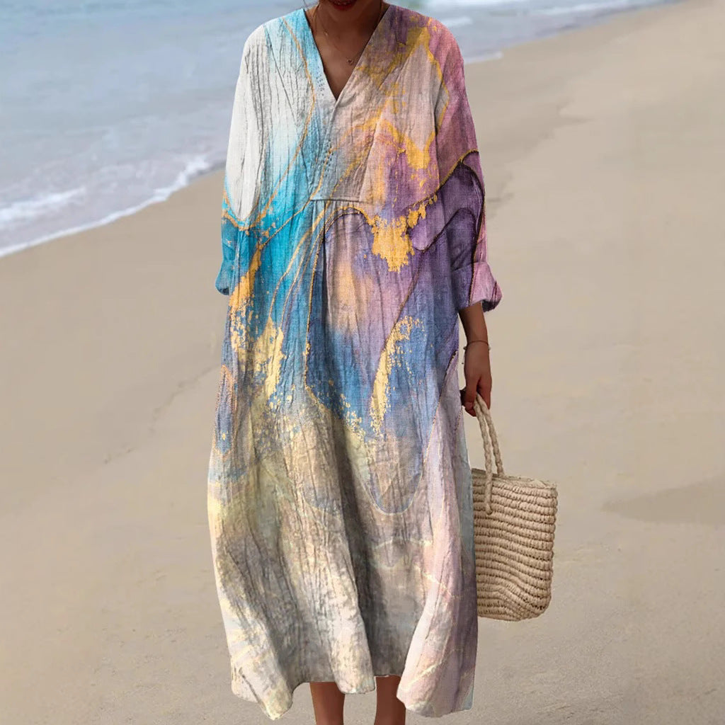 Robe chemise de vacances à manches longues – Style casual féminin