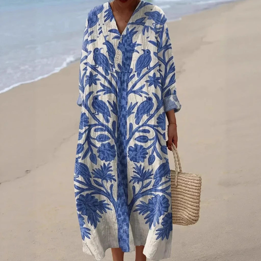 Robe chemise de vacances à manches longues – Style casual féminin