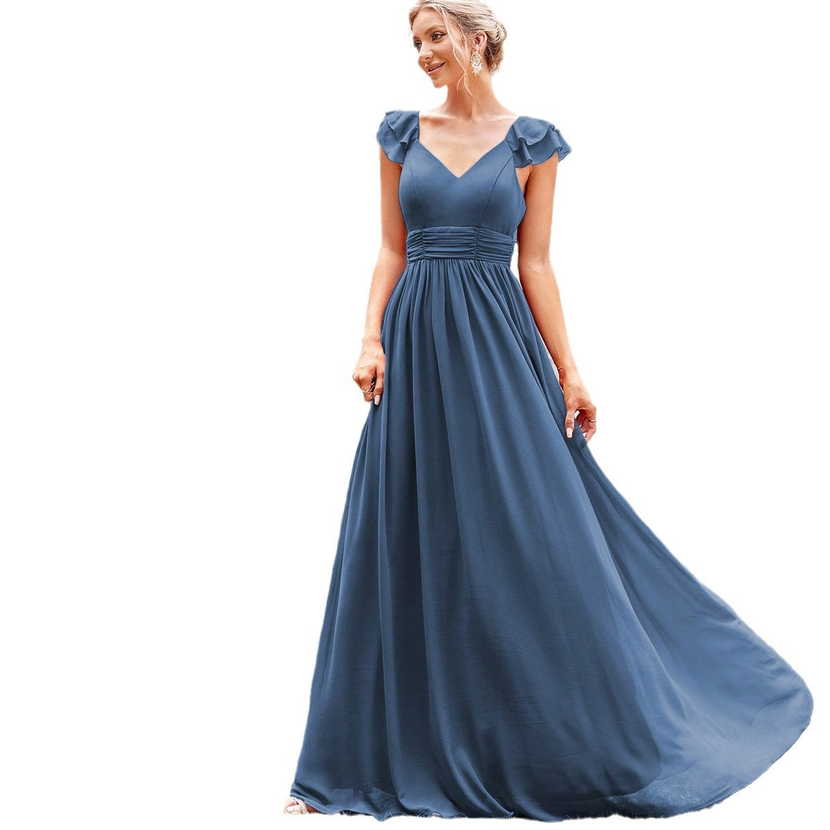 Robe de Soirée Longue en Chiffon à Col V Profond