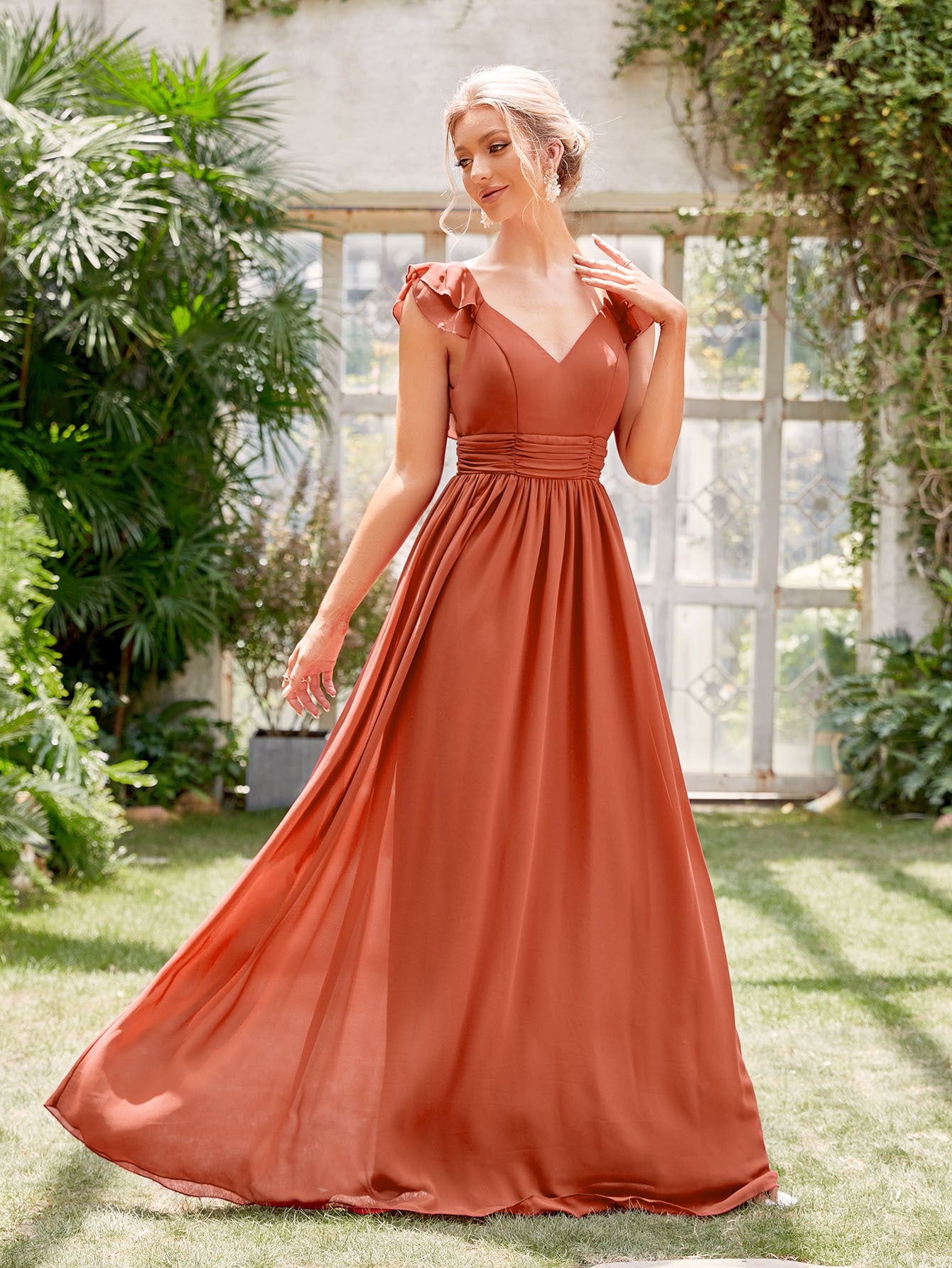 Robe de Soirée Longue en Chiffon à Col V Profond