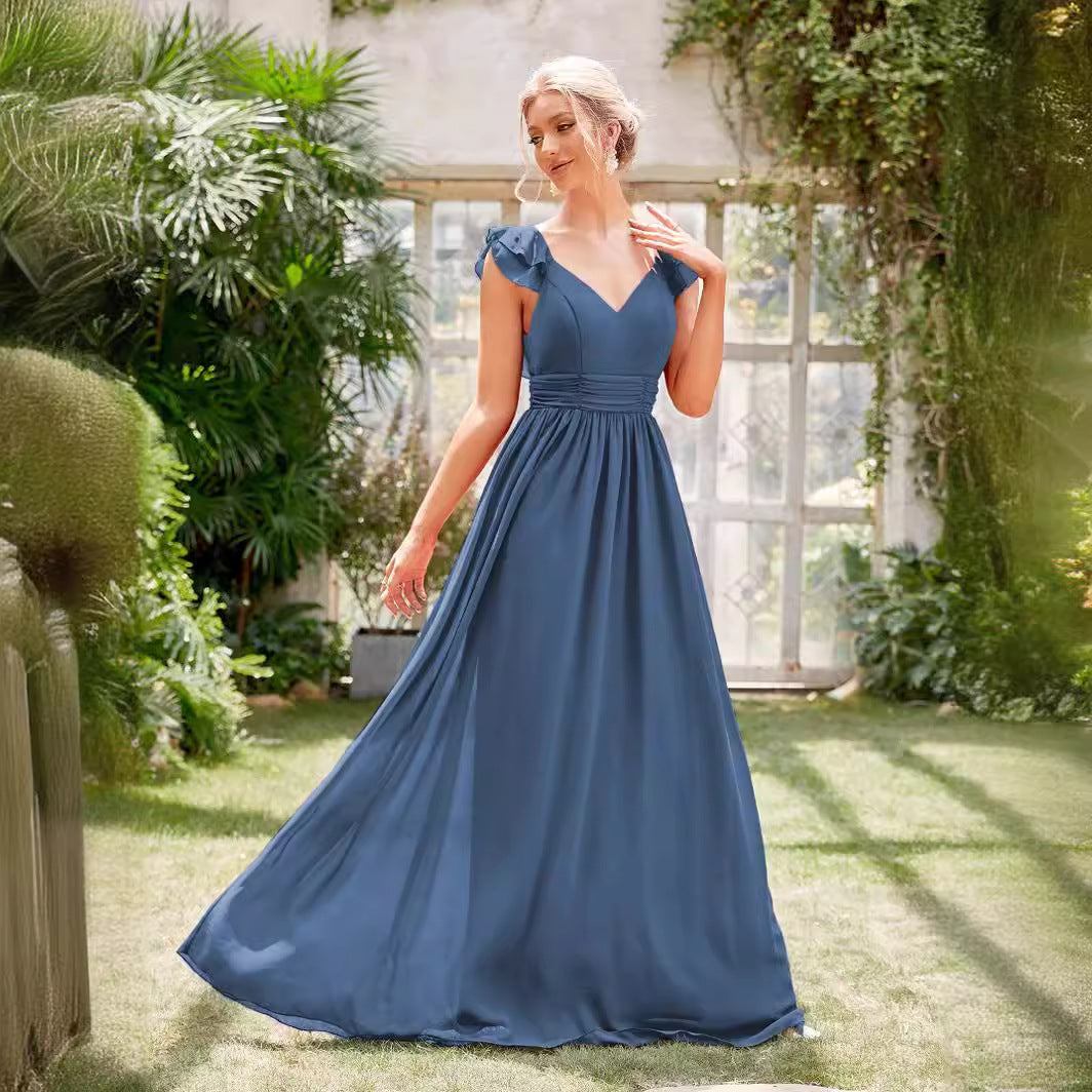Robe de Soirée Longue en Chiffon à Col V Profond