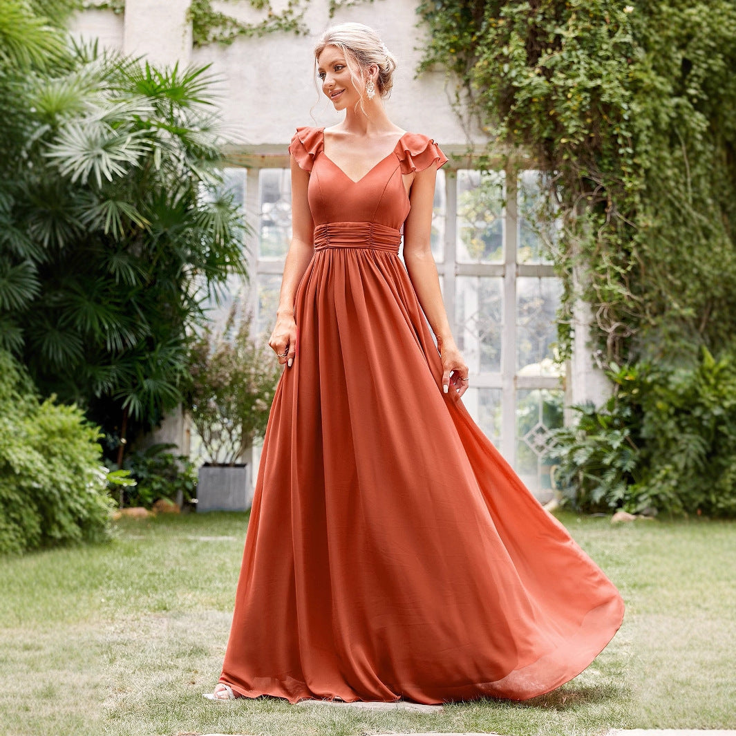 Robe de Soirée Longue en Chiffon à Col V Profond