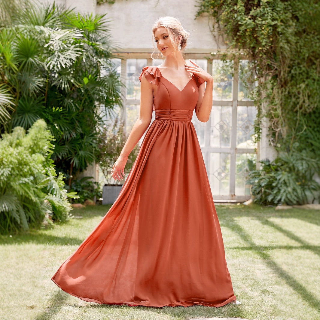Robe de Soirée Longue en Chiffon à Col V Profond