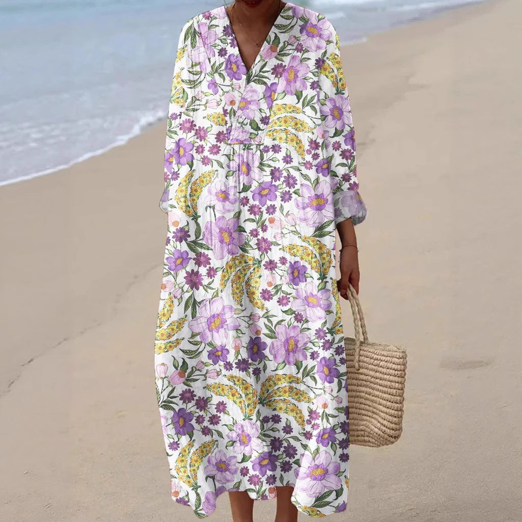 Robe chemise de vacances à manches longues – Style casual féminin