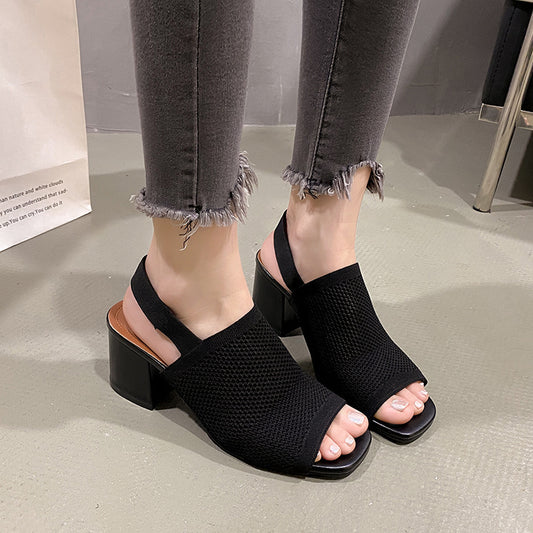Sandales femme à talon épais, tissage léger, style européen & américain