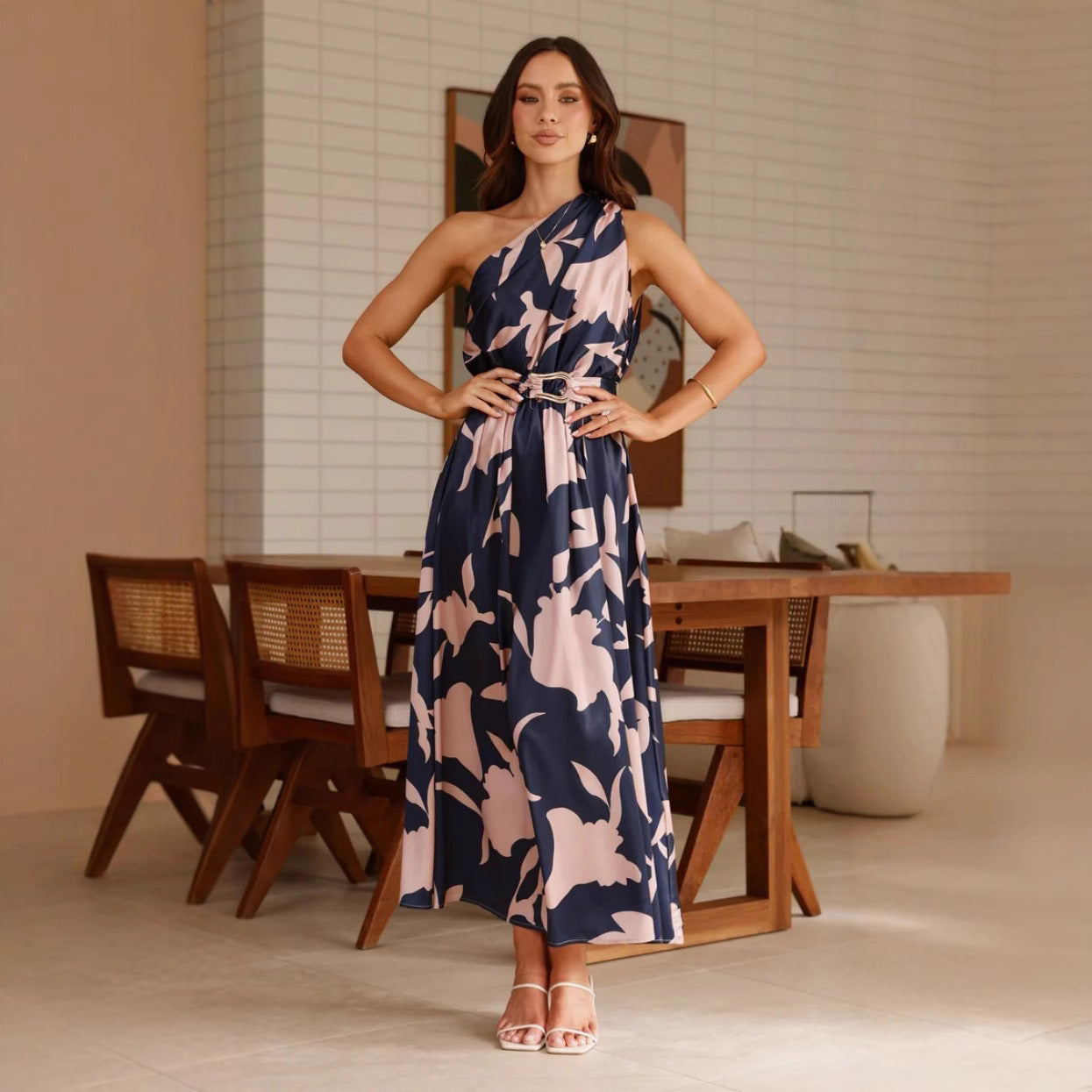 Robe Longue Imprimée à Épaules