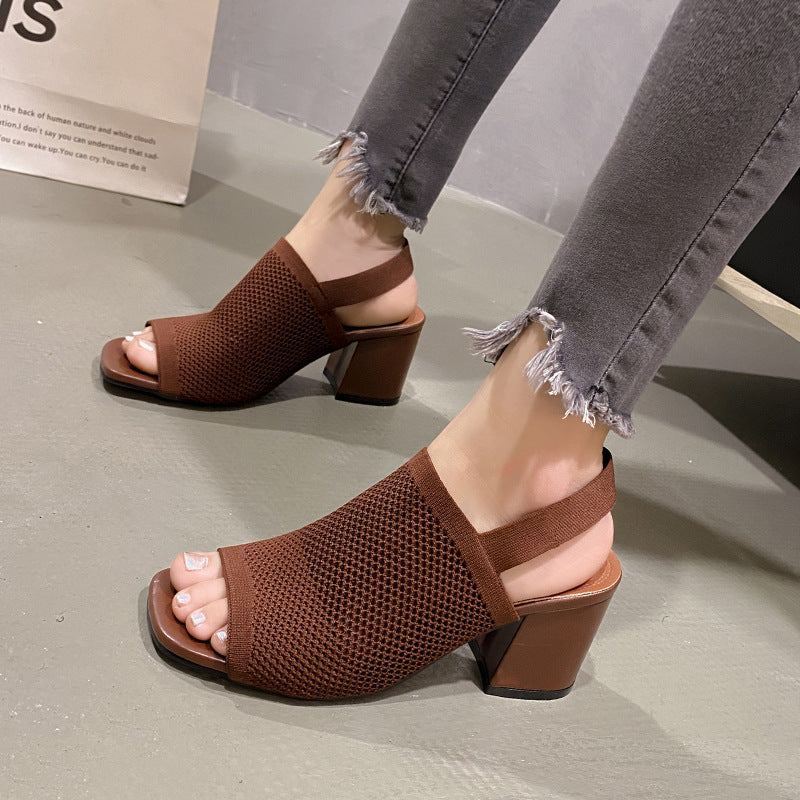 Sandales femme à talon épais, tissage léger, style européen & américain