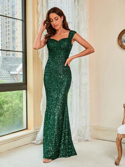Robe de soirée élégante à bretelles vertes, taille mi-haute