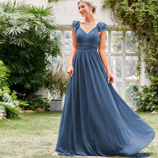 Robe de Soirée Longue en Chiffon à Col V Profond